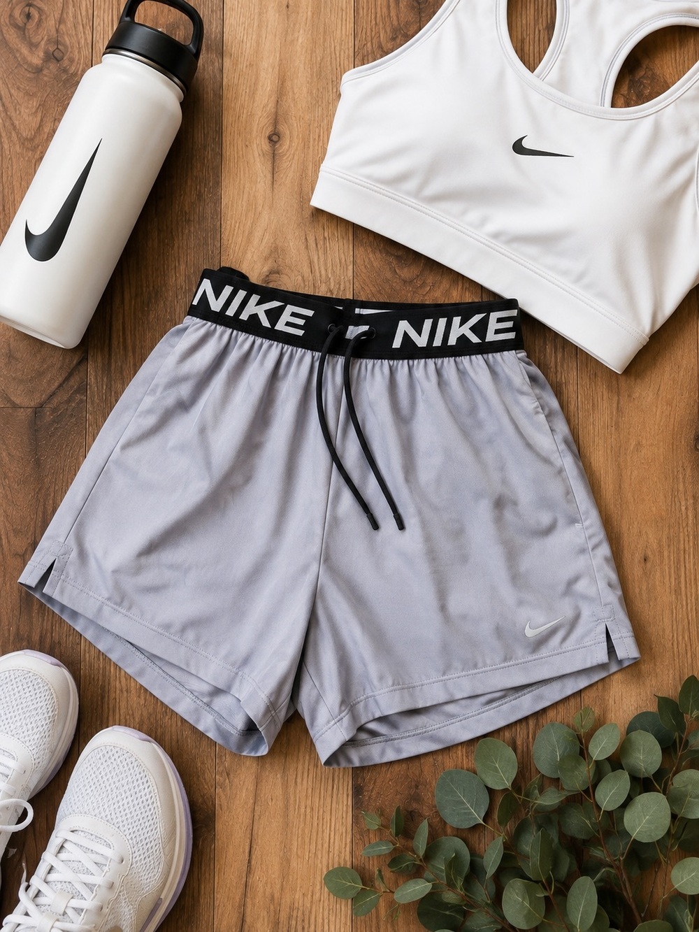 Nike Women's Light Gray Athletic Shorts with Black Branded Waistband